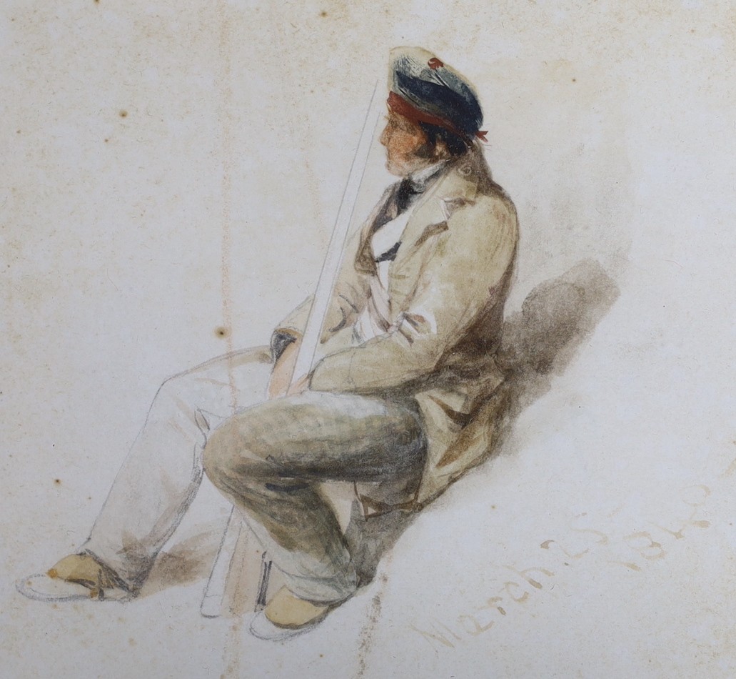 Thomas Miles Richardson Jnr, (1813-1890), Seated Scotsman with a gun, watercolour, inscribed 'March 25.1840', 12 x 12.5cm